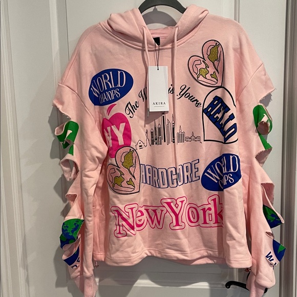 AKIRA Light Pink Hoodie with NYC logos patches, all over so cute - Picture 4 of 10